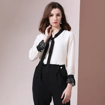 

Spring 2020 new fashion women's original color contrast bow collar foreign style shirt super fairy Chiffon Shirt Top