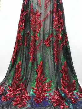 

Red Blue Sequins Lace Fabric High Quality Latest African Lace Fabric Wedding Tulle Lace Fabric French Nigerican With 3 D Flowers