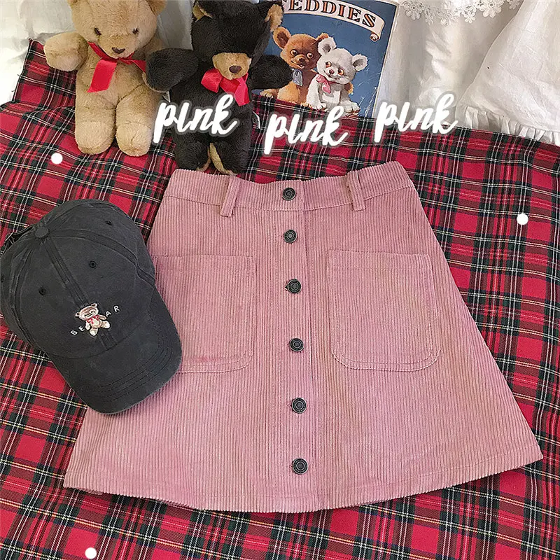 Pink skirt Осенняя винтажная женская короткая юбка трапециевидной формы с пуговицами зимняя приталенная Вельветовая юбка с завышенной талией Женская Черная мини-юбка с карманом красный розовый - Цвет: Pink skirt