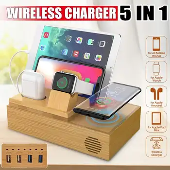 

5 in 1 Wireless Charger Dock Station 4 USB Charging Table Base Fast Charging Phone Stand For iPhone for Apple Watch For AirPod