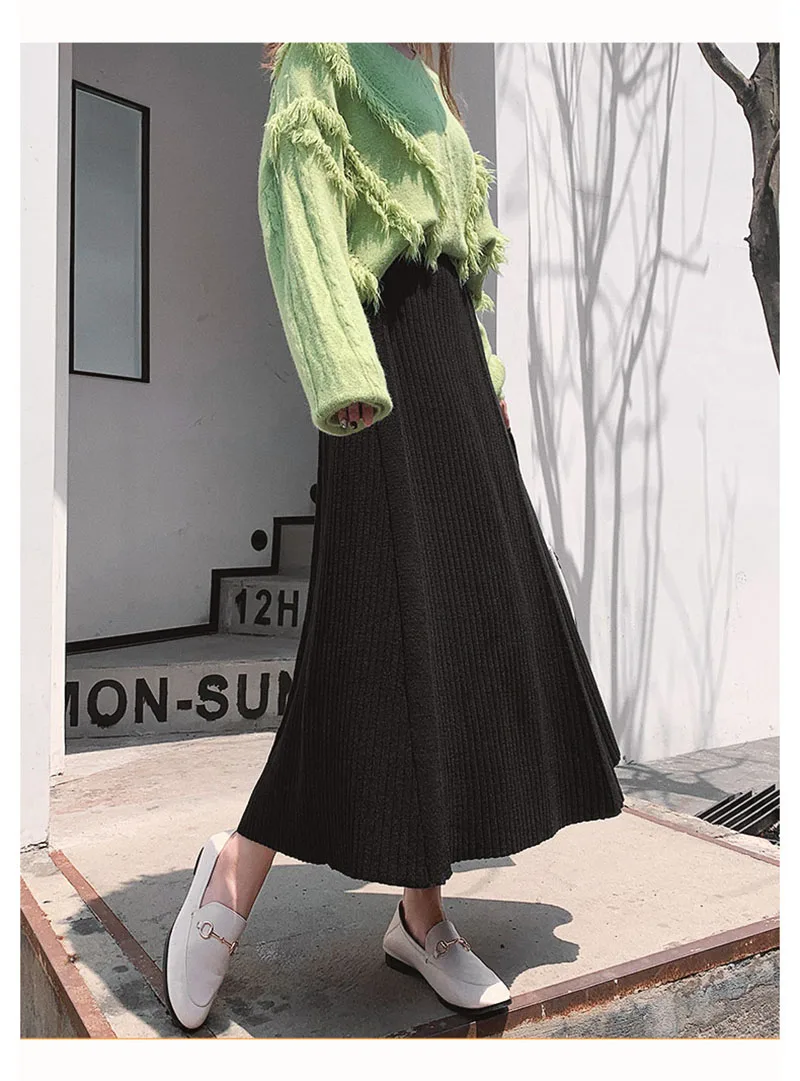 Women's Knit Skirt Autumn Winter New High Waist Solid Color A-line Pleated Knit Skirt Office Lady Wild Warm Long Skirt ML291