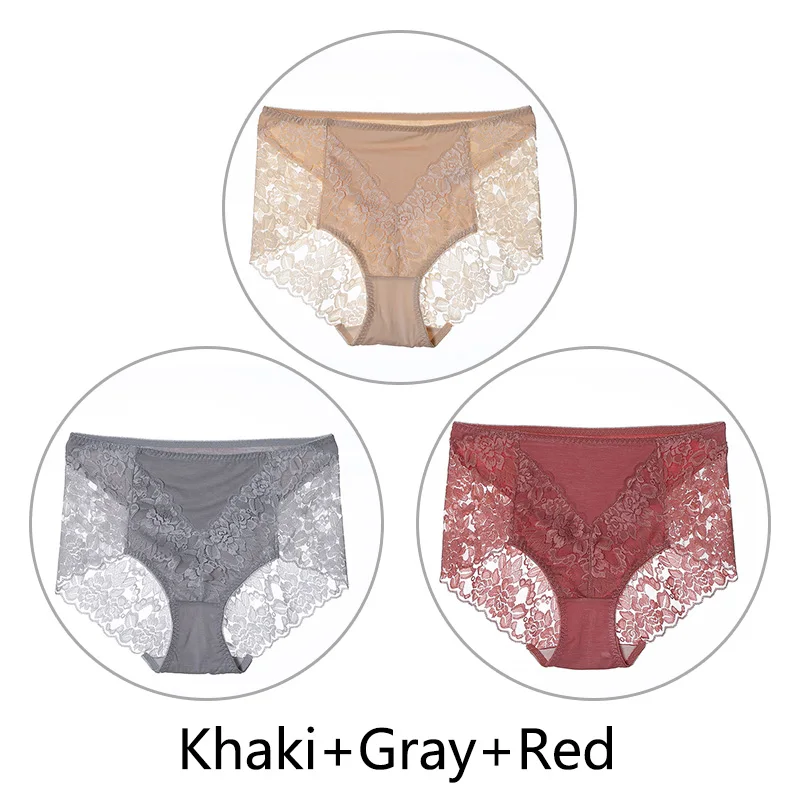 3 шт. модальные сексуальные кружевные трусики женские XL-3XL Большие размеры трусы бесшовные, нижнее белье вышивка дышащее белье средняя талия - Цвет: Khaki Gray Red