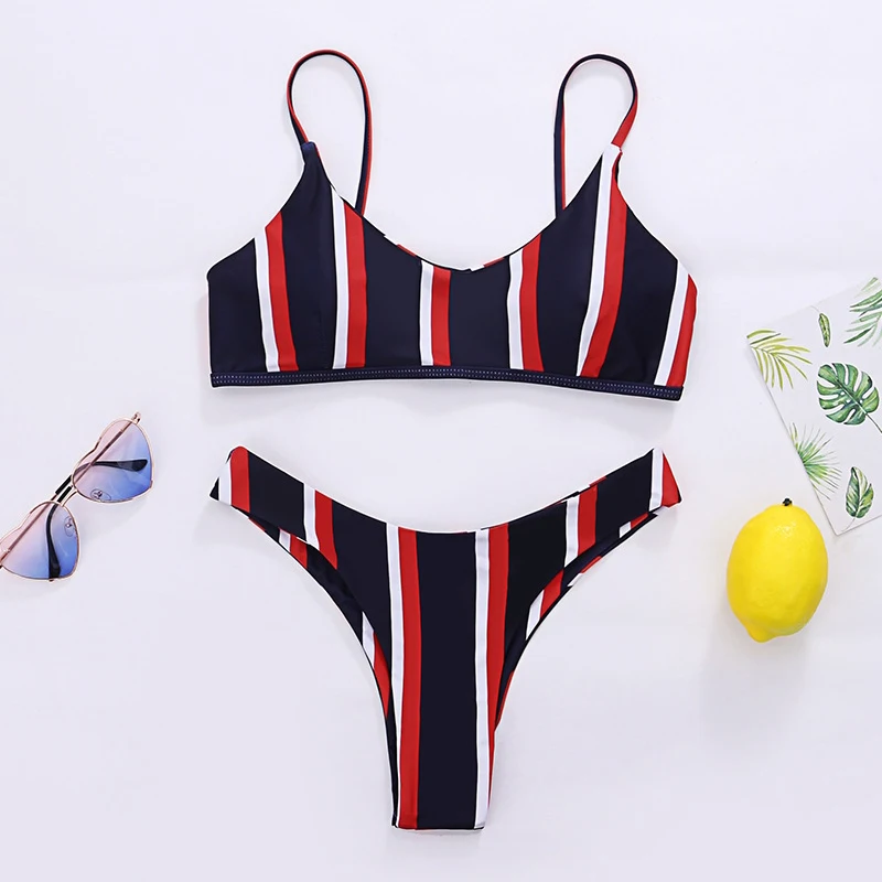 Striped Thong Bikini Push Up Padded Tube Top Sexy Swim Wear Woman Swimsuit Set High Waist Beachwear | Женская одежда