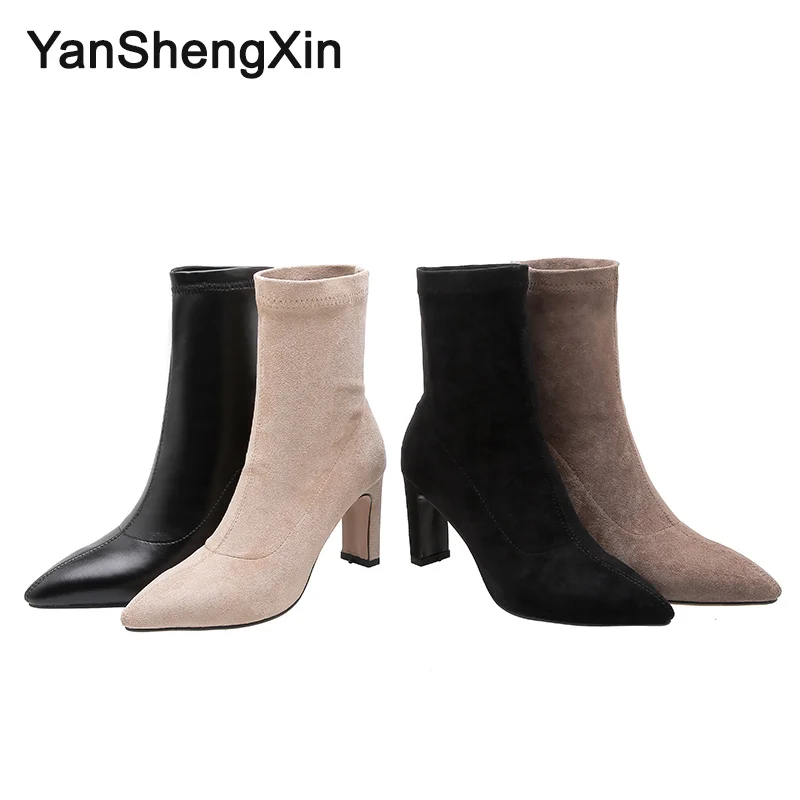 YANSHENGXIN/обувь; женские ботинки; эластичные носки; ботинки до середины икры; женская обувь с острым носком на натуральном меху; сезон осень-зима; ботинки; женские ботиночки