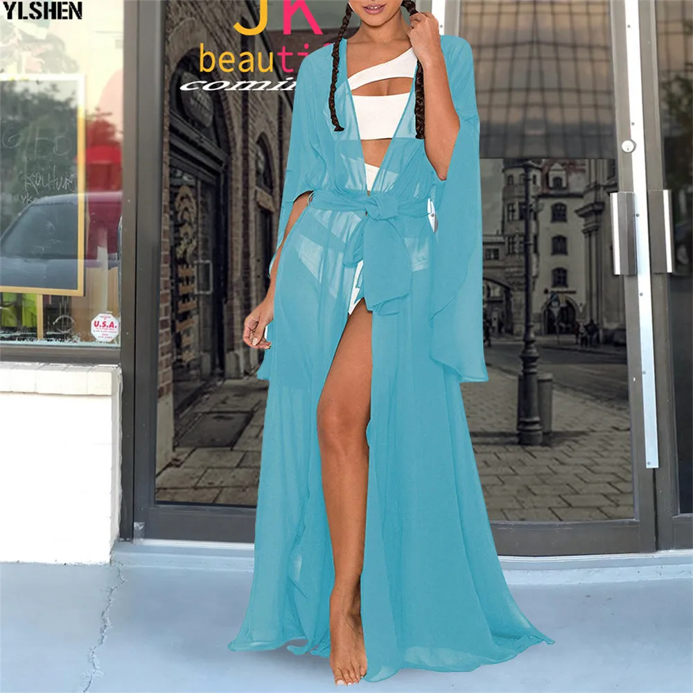 Blue African Dress Africa Dresses for Women Clothes Dashiki Bat Sleeve Cardigan Blouse Chiffon Maxi Dress Vestido Africano Robe 06