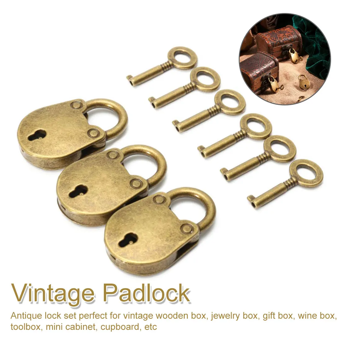 

Metal Old Vintage Style Mini Padlock Small Luggage Box Key Lock Copper Color Lot Of 3 Home Usage Hardware Decoration