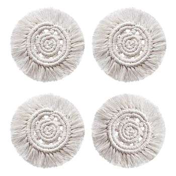 

Handmade Macrame Coasters - Round Drinks Cotton Boho Woven Coaster Set with Tassel. (Beige, Set of 4)