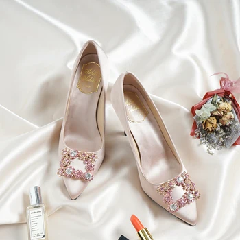 

Wedding Shoes Bridal Shoes Champagne Wedding Shoes Wedding High Heels Square Buckle Crystal Shoes Sweet Women Party Heel Shoes