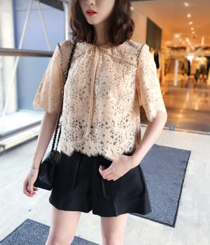 

2019 Autumn and Winter Rhinestone Inlaid Beaded Lace Openwork Top Women T-shirt