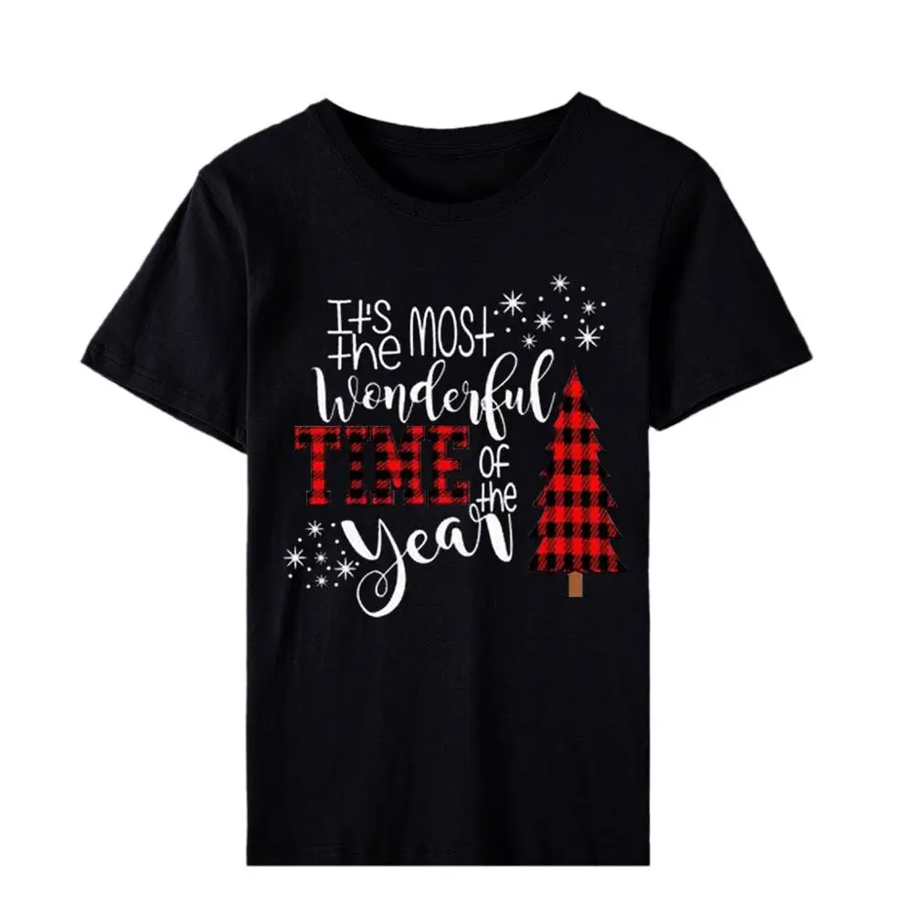 Новинка, Женская рождественская футболка, женские модные топы, Повседневная футболка с коротким рукавом, милая Праздничная рубашка, Camiseta Mujer - Цвет: Black