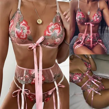 

3PCS Bra Lace New Sexy Fashion Bow Tie Sleepwear Underwear нижнее белье женское Lingerie Flower Lace пижама для женщин FJSL