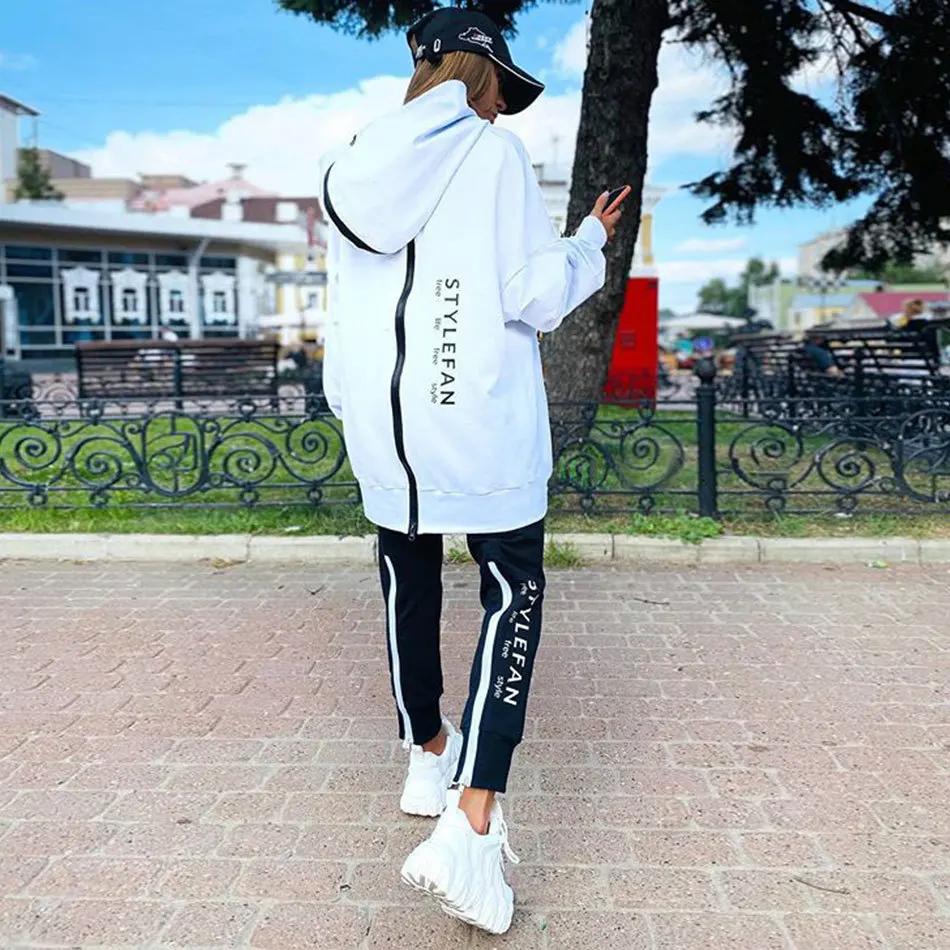 Women Sweatshirt Pant and Hoodi Sets Sports Suit Autumn Winter 2021 Warm Long Hooded Coat Zipper Fleece Jogging Tracksuit white pant suit