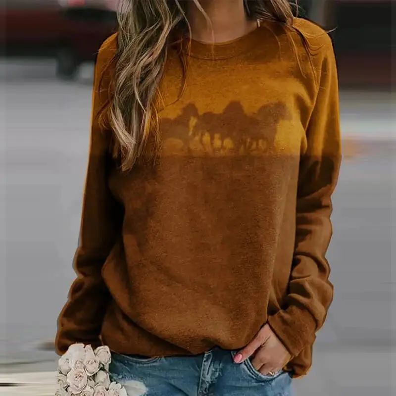 

Animal Horse Print Hoodie Pullover Sweatshirt Elegant O-Neck Winter Tops Hoodies Autumn Casual Long Sleeve Women Sweatshirts