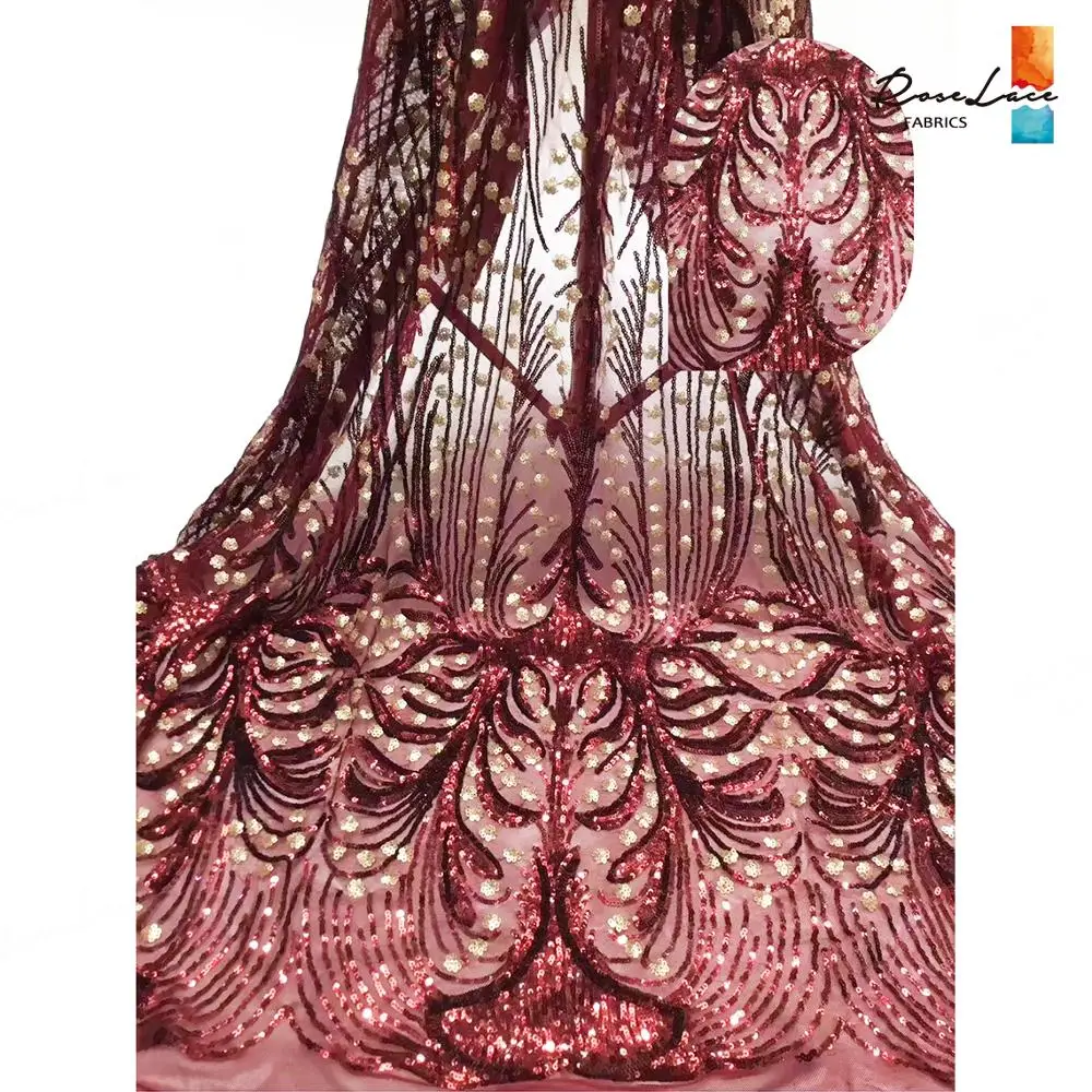 

Latest Fashion Senegal Sequined Embroidered Tulle Fabrics In Burgundy New Style Nigerian Prom Dresses Sequins Mesh Lace Sewing
