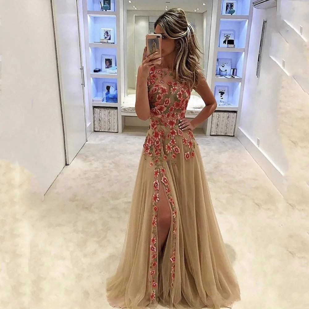 

Eightale Champagne Scoop Neck Evening Gowns Applqiques Flowers Side Slit Floor Length Prom Dresses Wedding Party Gwn Hat Sale