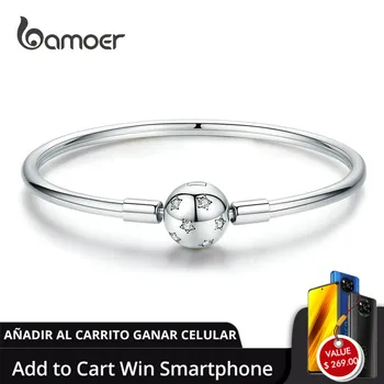 

BAMOER Silver Star Bangle Sterling Silver 925 Round Clip Charm Clear CZ Smooth Bracelet 3mm Fit Brand DIY Jewelry SCB144