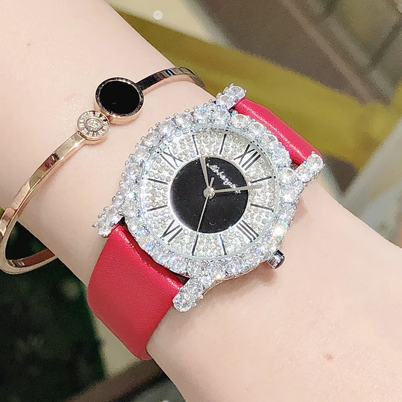Moda Diamante Bling Cristais Mulheres Relógio de Pulso Pequena Fina Pulseira de Luxo de Couro Elegante Relógio Vestido Feminino Relógio Feminino - Image 4