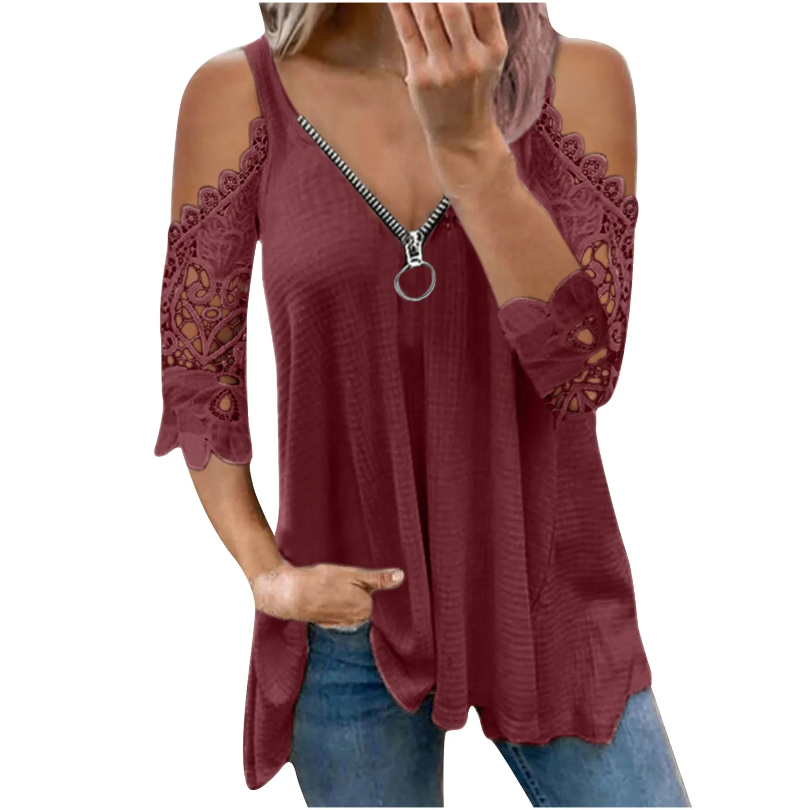 2021 Summer New Lace Petal Half Sleeve Zipper Ladies T-Shirt for women Oversize Off Shoulder V-Neck Loose Casual Top Tee Tunic 2
