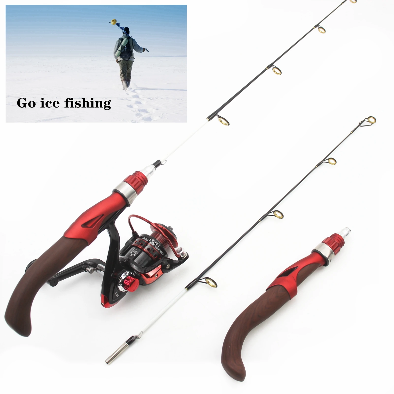 65cm Winter ice fishing rod Reel Combos boat pole fishing tackle set Curved  handle Winter trout carp Portable Spinning lce rod