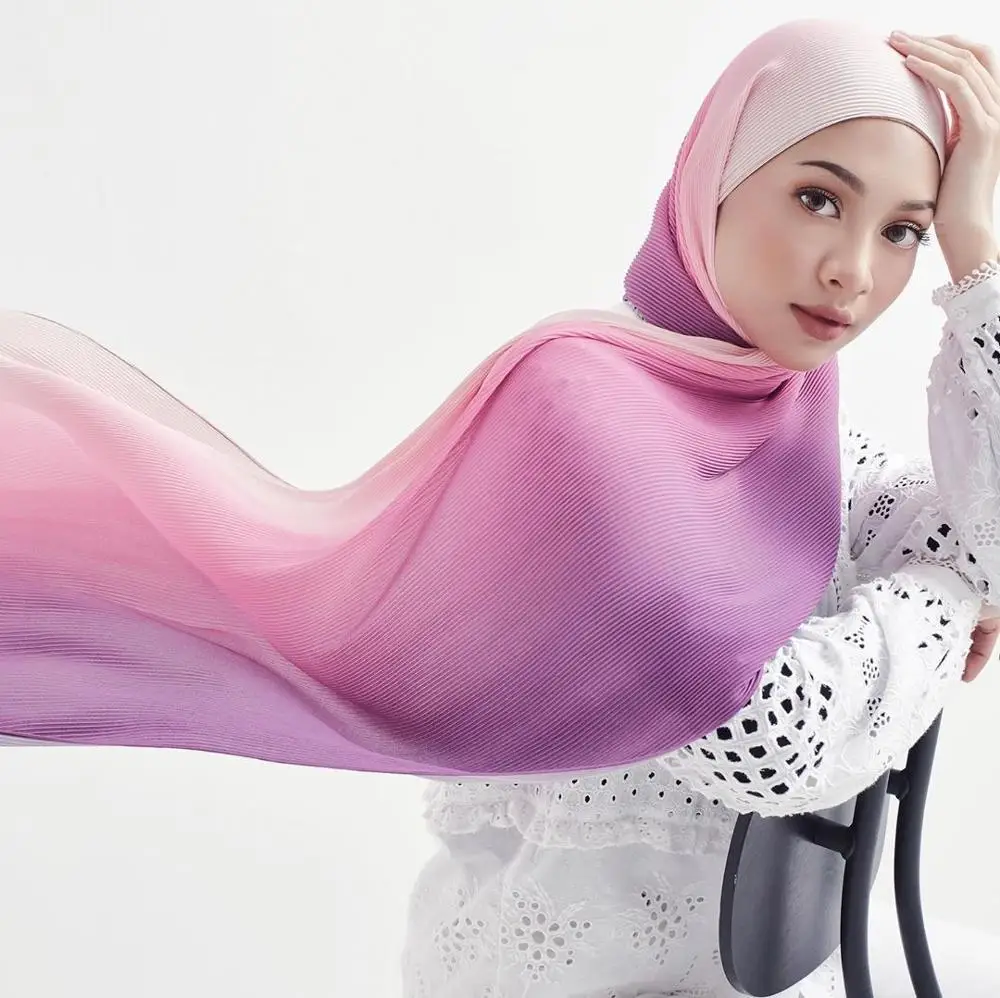 fashion Gradient color crinkle chiffon scarf hijab for women long muslim headscarf turban islamic head wraps Malaysia hijabs