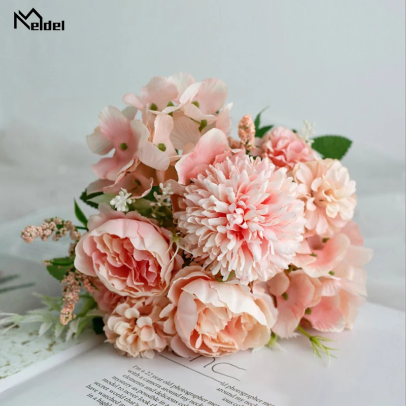 Meldel Fake Flower Bouquet 7 Heads Hydrangea Flowers Artificial Silk Blooming Rose Peony Pompon Bride Wedding Decoration | Свадьбы и