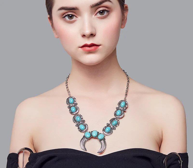 Богемное этническое ожерелье с имитацией камня, женское винтажное серебряное ожерелье с подвеской в виде пера и Луны, большой воротник, свитер, цепь, ожерелье - Окраска металла: 3N0906