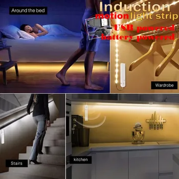 

PIR Motion Sensor LED Bed Closet Night Light 1M 2M 3M Dimmable Flexiable LED Strip Lamp AAA Battery Power for Wardrobe Stair