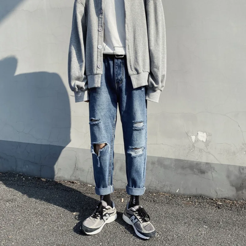 70% OFF Hole Jeans Men's Fashion Washed Solid Color Casual Straight Jean Pants Men Streetwear Wild Loose Hip Hop Denim Trousers Mens