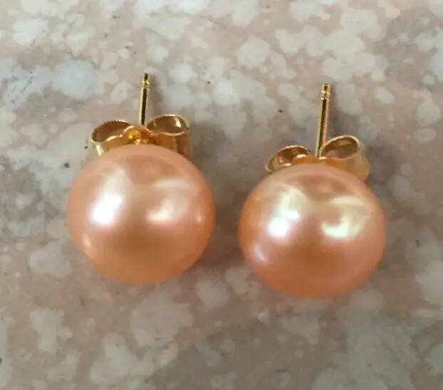 

huge a pair of 9-10mm south sea gold pink stud pearl earring 14k