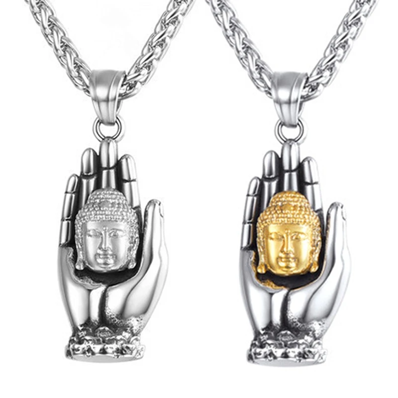 

Gold Buddha Necklace Men Hand Palms Pendant Necklace Stainless Steel Trendy Jewelry Necklaces For Women Gifts Wholesale