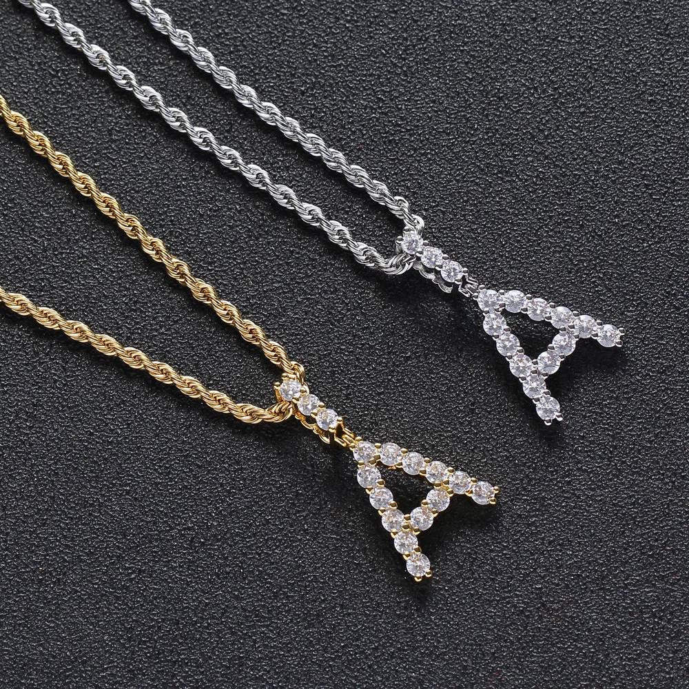 Men Zircon Name Initial Tennis Letter Necklaces & Pendant Gold Silver Color Hip Hop Jewelry for Women with Stainless Steel Chain