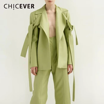 

CHICEVER Lace Up PU Leather Women's Two Piece Set Lapel Collar Long Sleeve Coat Split Pants Suit Female 2020 Autumn Fashion New