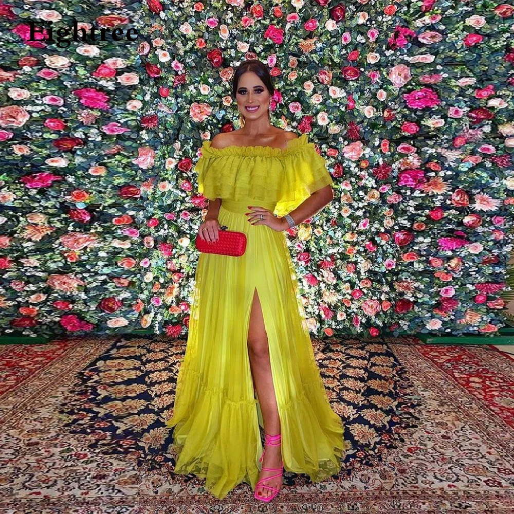 

Eightree Fresh Yellow A Line Arabic Evening Dresses Short Sleeves Side Slit Strapless Long Formal Party Gowns Prom Dress