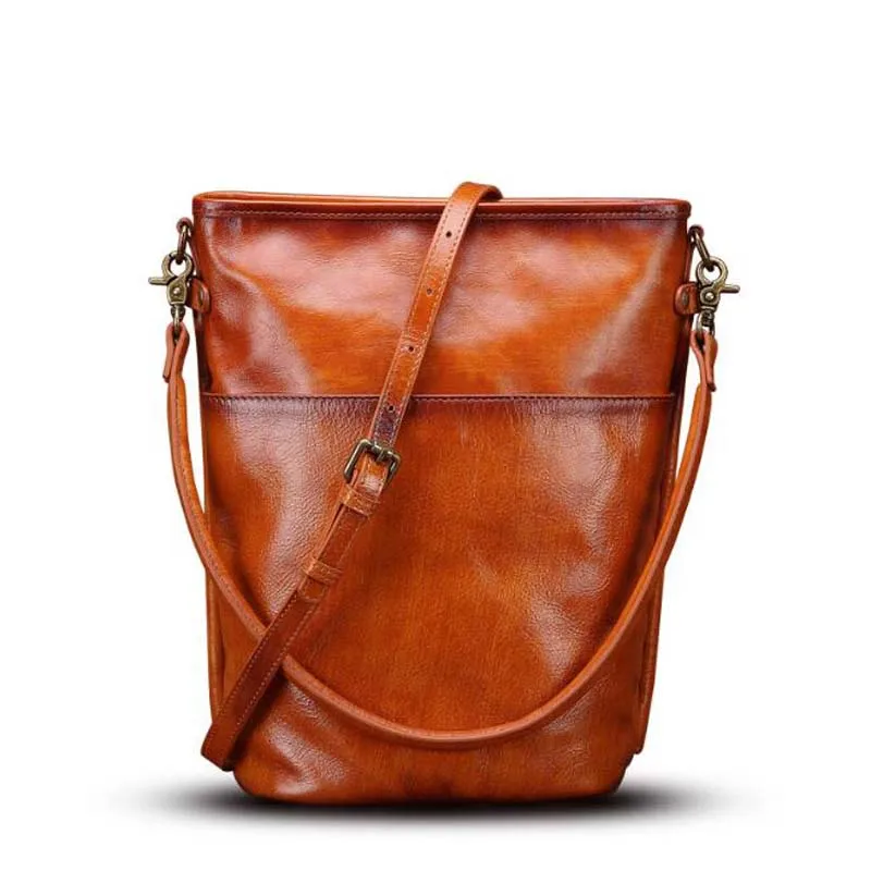 

Classic Natural Leather Bucket Bag Vintage Cowhide Messenger Bags High Quality Retro Shoulder Bag Simple Crossbody Bag Tote