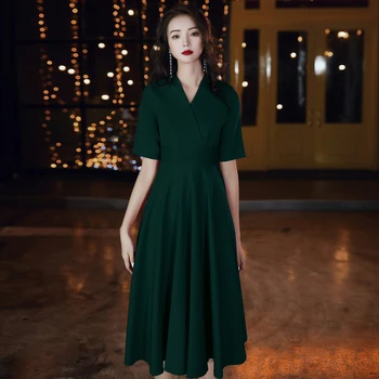 

Green Noble Evening Party Gown Women Elegant Qipao A-line Satin Chinese Dress Sexy Prom Cheongsam V-Neck Vestidos De Festa