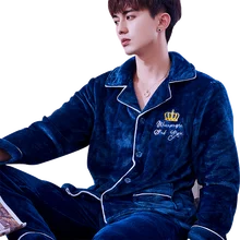 H5886 мужской пижамный комплект, уплотненная фланель, Молодежный осенне-зимний Пижамный костюм с длинными рукавами, коралловый флис, домашняя одежда среднего возраста