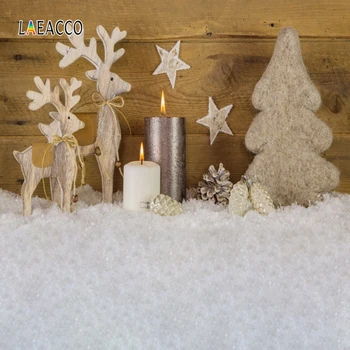

Laeacco Photography Backgrounds Christmas Photocall Wooden Board Elk Pine Tree Candle Cone Snow Photo Backdrops Photophone
