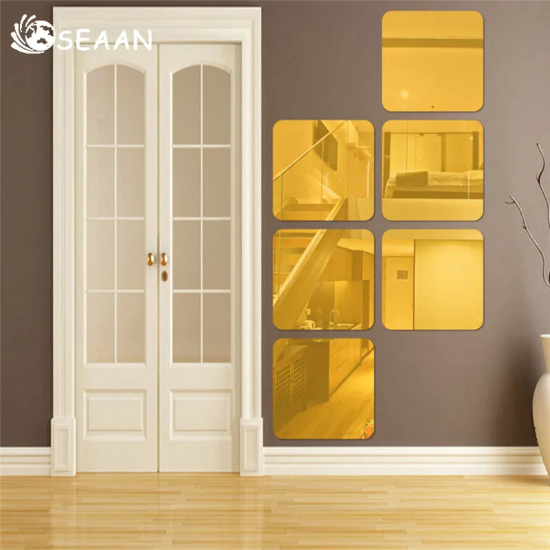 

6 Pcs Square Combination 3D Removable Acrylic Mirror Wall Sticker Home Background Decoration Room Decor