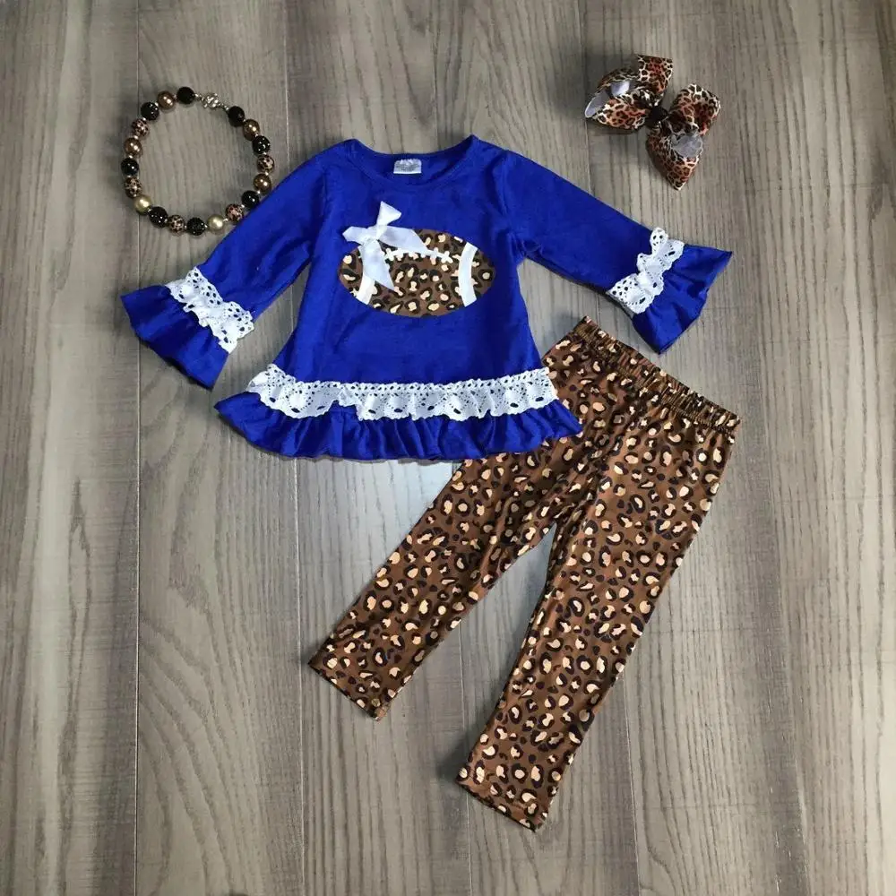 baby Girl clothes girls football outfits football dress with leopard pants girls boutique clothes with accessories - Цвет: Синий