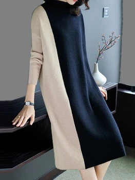 

Women Sweater Dress Office Lady Young Girl Casual Color Block Pullover Patchwork Stand Collar Mid-Calf Fashion Japan Dreess