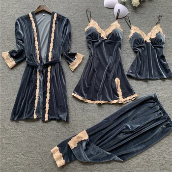

Lady Nightwear Lace Sexy Robe Suit Velour 4PCS Pajamas Set Lougne Home Wear With Belt Casual Intimate Lingerie Soft Sleepwear