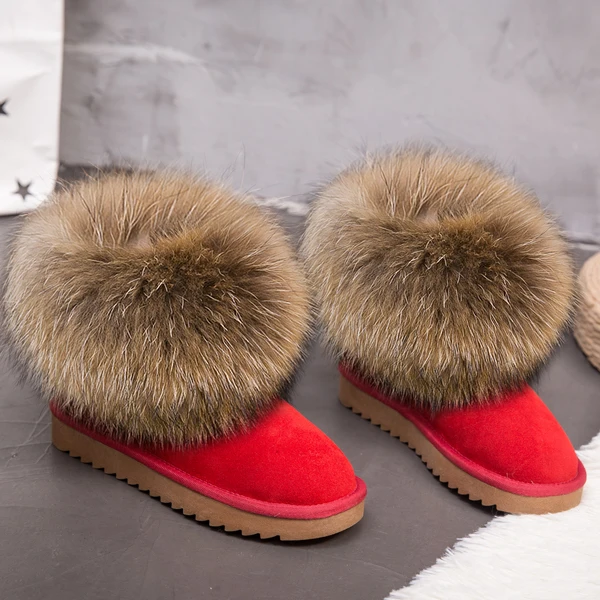 WETRY/Роскошные зимние ботинки; ботинки с натуральным лисьим мехом; водонепроницаемые ботинки из натуральной замши; ботинки из коровьей кожи; женские полусапоги на нескользящей подошве - Цвет: red suede