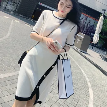 

2020 Summer OL Style Women Sweater Two Piece Set Short Sleeve Knitted Pullover Tops & Elegant Work Skirt Set Conjunto Feminino