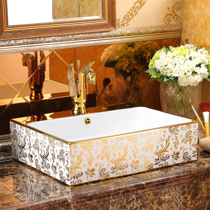 

Jingdezhen factory directly ceramic hand painted hand bathroom hand painted sinks gold rectangle ceramic wash basin