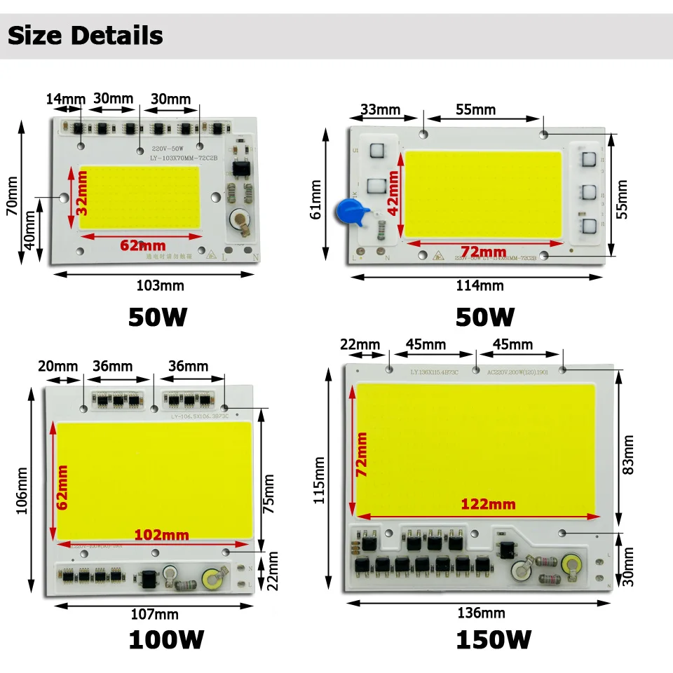 AC220V светодиодный COB 50 Вт 100 Вт 150 Вт светодиодный PCB модуль прожектора алюминиевая пластина белый/теплый COB чипы умный IC драйвер для прожектора лампы