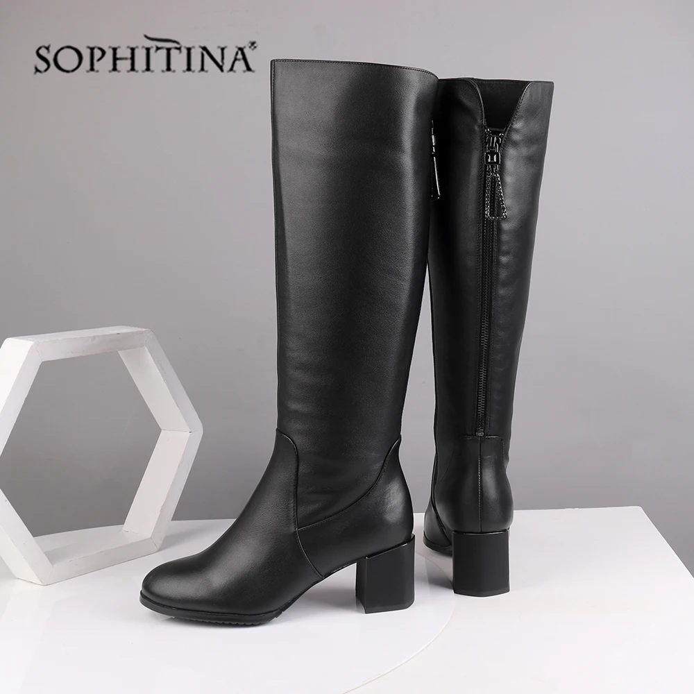 

SOPHITINA Solid New Boots High Quality Genuine Leather Fashion Comfortable Square Heel Round Toe Shoes Women's Boots SC494