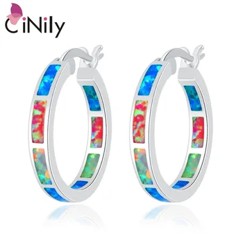 

CiNily Rainbow Fire Opal Earrings Silver Plated Blue White Pink Small Round Circle Party Summer Jewelry Gifts for Woman Girl