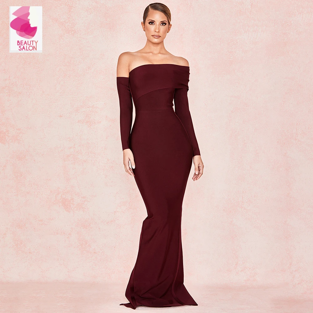 

Maxi Floor length Off The Shoulder Slash Neck Evening Bodycon Dress Sexy Party Celebrity Bandage Dress
