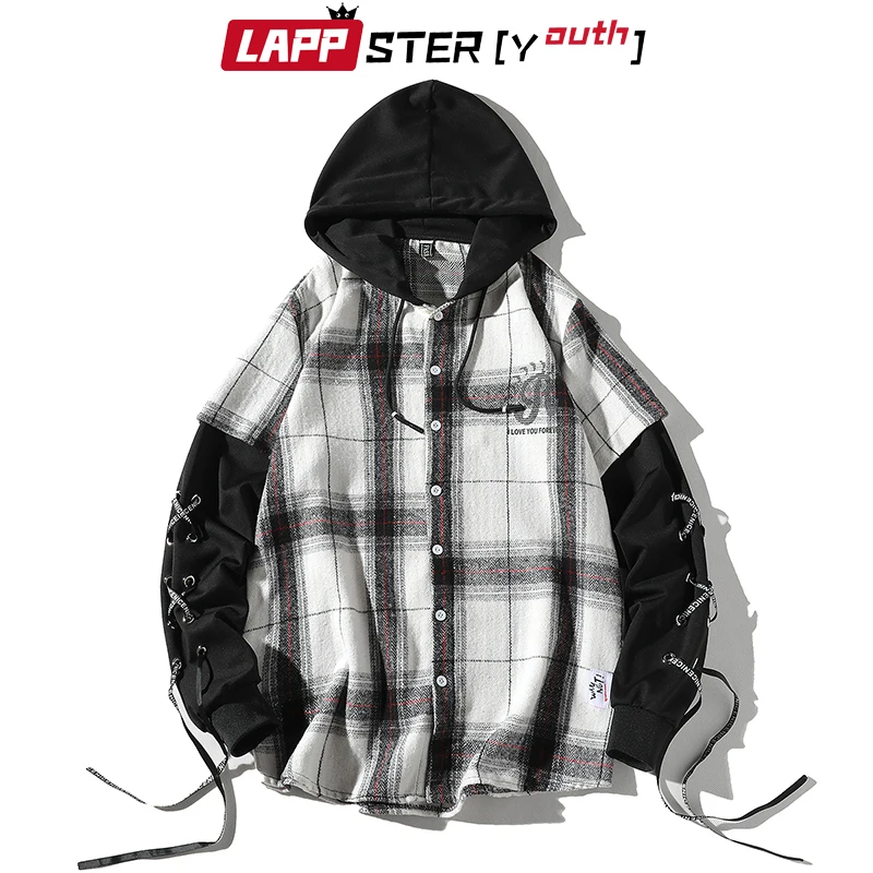 

LAPPSTER-Youth Men Streetwear Bomber Jacket 2019 Patchwork Harajuku Plaid Hooded Jackets Coats Korean Button Vintage Windbreaker