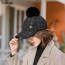 USPOP, новинка, зимние кепки, женские бейсболки, клетчатая Женская бейсбольная кепка с буквой М, шапки с помпоном